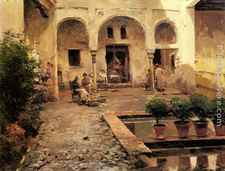 Figures in a Spanish Courtyard painting - Manuel Garcia y Rodriguez Figures in a Spanish Courtyard art painting